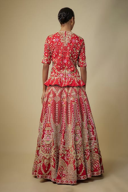 Mehak Murpana Red Raw Silk Peplum Tunic Lehenga Set 