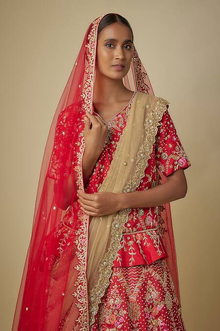 Buy Mehak Murpana Red Silk, Net Sequins, Zari, Embroidery Round Neck Raw Peplum Tunic Lehenga Set Online at Aza Fashions Buy_Mehak Murpana_Red Silk, Net Sequins, Zari, Embroidery Round Neck Raw Peplum Tunic Lehenga Set _Online_at_Aza_Fashions