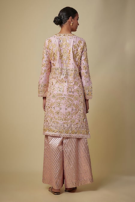 Shop Mehak Murpana Pink Chanderi, Silk, Net Sequins, Embroidery Round Neck Kurta Set at Aza Fashions Shop_Mehak Murpana_Pink Chanderi, Silk, Net Sequins, Embroidery Round Neck Kurta Set _at_Aza_Fashions