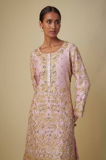 Shop Mehak Murpana Pink Chanderi, Silk, Net Sequins, Embroidery Round Neck Kurta Set Online at Aza Fashions Shop_Mehak Murpana_Pink Chanderi, Silk, Net Sequins, Embroidery Round Neck Kurta Set _Online_at_Aza_Fashions