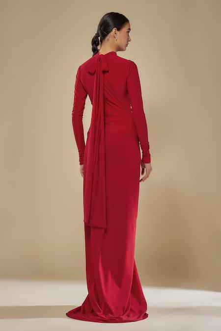 Shop Mehak Murpana Red Lycra High Neck Designer Gown at Aza Fashions Shop_Mehak Murpana_Red Lycra High Neck Designer Gown _at_Aza_Fashions