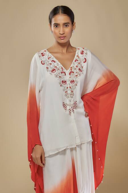 Buy_Mehak Murpana_White Crepe Embroidery V-neck Ombre Kaftan And Dhoti Pant Set _Online_at_Aza_Fashions