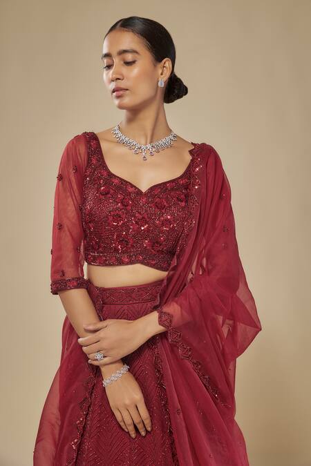 Buy Mehak Murpana Red Net, Organza Sequins, Beads, Embroidery Sweetheart Neck Classic Lehenga Set Online at Aza Fashions Buy_Mehak Murpana_Red Net, Organza Sequins, Beads, Embroidery Sweetheart Neck Classic Lehenga Set _Online_at_Aza_Fashions