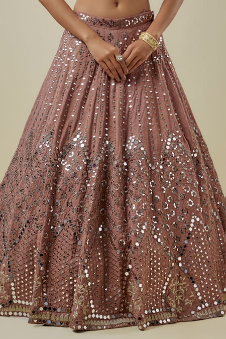 Mehak Murpana_Brown Silk, Net Sequins, Embroidery Round Neck Classic Lehenga Set _Online_at_Aza_Fashions