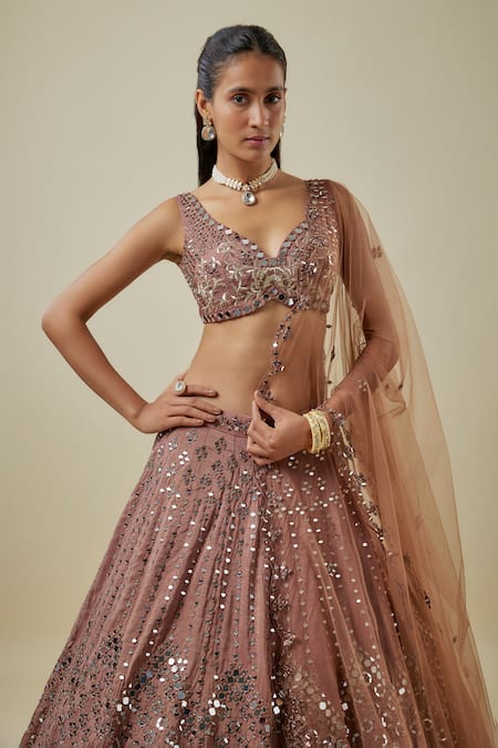 Buy_Mehak Murpana_Brown Silk, Net Sequins, Embroidery Round Neck Classic Lehenga Set _Online_at_Aza_Fashions