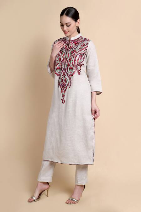 Buy_Bhairavi Jaikishan_Beige Linen Embroidery Mandarin Collar Kurta _Online_at_Aza_Fashions