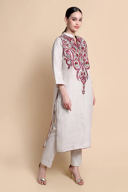Shop_Bhairavi Jaikishan_Beige Linen Embroidery Mandarin Collar Kurta _Online_at_Aza_Fashions