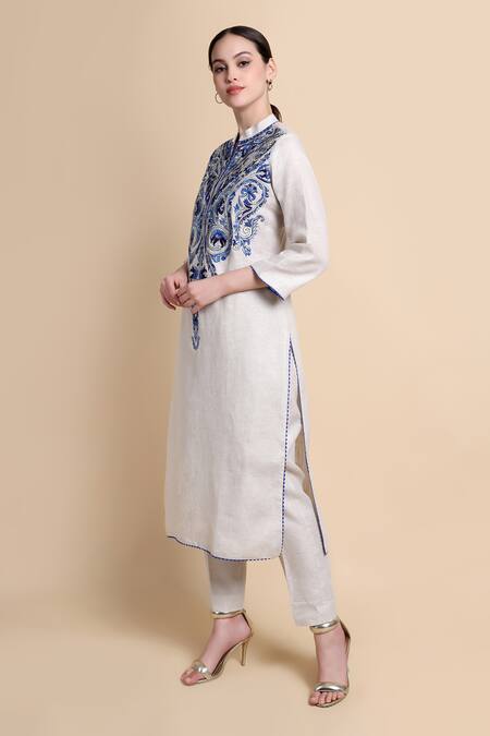 Buy_Bhairavi Jaikishan_Beige Linen Embroidery Mandarin Collar Kurta _Online_at_Aza_Fashions