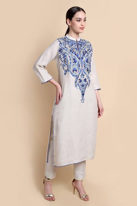 Shop_Bhairavi Jaikishan_Beige Linen Embroidery Mandarin Collar Kurta _Online_at_Aza_Fashions