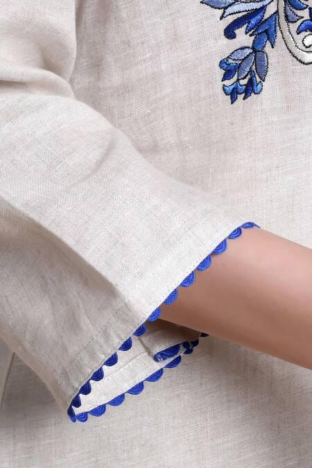 Bhairavi Jaikishan_Beige Linen Embroidery Mandarin Collar Kurta _at_Aza_Fashions