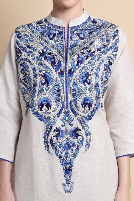 Buy_Bhairavi Jaikishan_Beige Linen Embroidery Mandarin Collar Kurta 