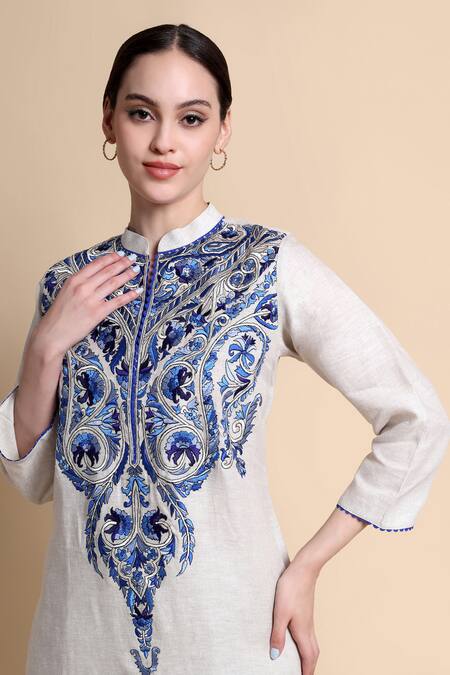 Shop_Bhairavi Jaikishan_Beige Linen Embroidery Mandarin Collar Kurta 