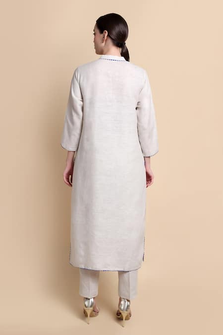 Bhairavi Jaikishan_Beige Linen Embroidery Mandarin Collar Kurta Set _Online_at_Aza_Fashions