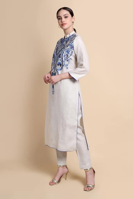 Buy_Bhairavi Jaikishan_Beige Linen Embroidery Mandarin Collar Kurta Set _Online_at_Aza_Fashions
