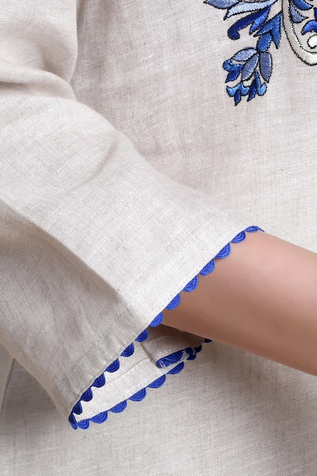 Shop_Bhairavi Jaikishan_Beige Linen Embroidery Mandarin Collar Kurta Set _Online_at_Aza_Fashions