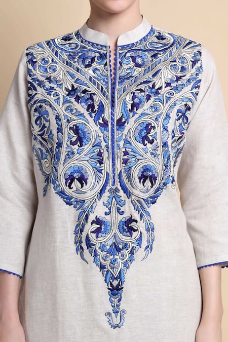 Buy_Bhairavi Jaikishan_Beige Linen Embroidery Mandarin Collar Kurta Set 