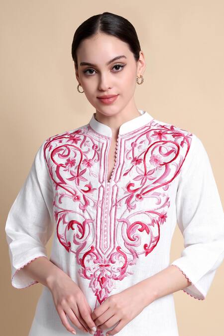 Buy_Bhairavi Jaikishan_White Linen Embroidery Mandarin Collar Kurta _Online_at_Aza_Fashions