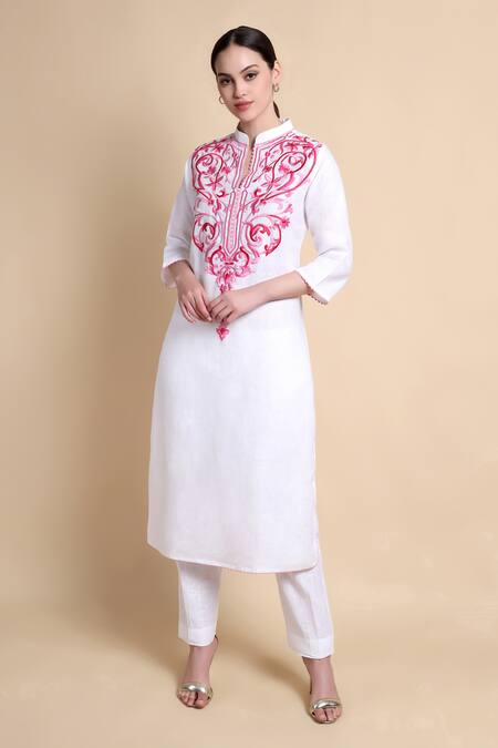 Shop_Bhairavi Jaikishan_White Linen Embroidery Mandarin Collar Kurta _Online_at_Aza_Fashions