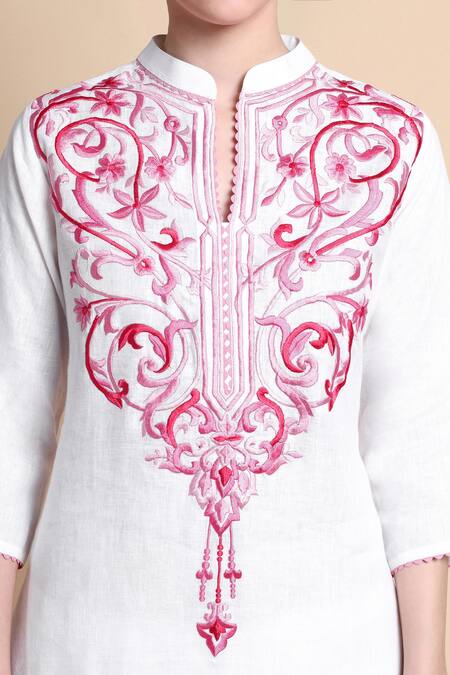 Buy_Bhairavi Jaikishan_White Linen Embroidery Mandarin Collar Kurta 
