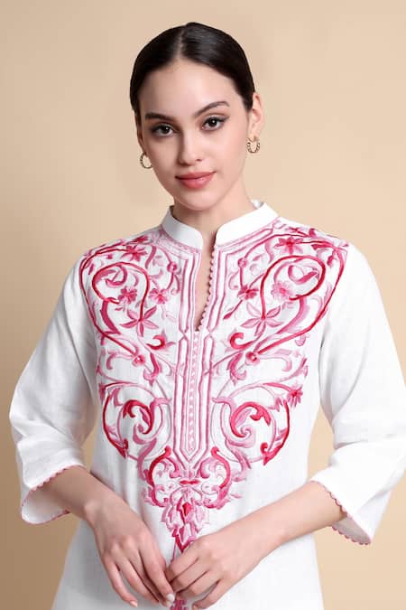 Buy_Bhairavi Jaikishan_White Linen Embroidery Mandarin Collar Kurta Set _Online_at_Aza_Fashions