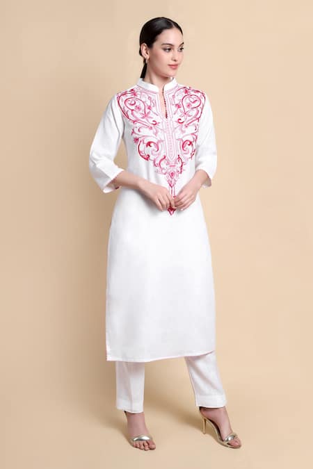 Shop_Bhairavi Jaikishan_White Linen Embroidery Mandarin Collar Kurta Set _Online_at_Aza_Fashions
