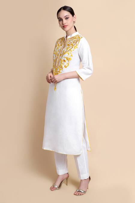 Shop_Bhairavi Jaikishan_White Linen Embroidery Mandarin Collar Kurta Set _Online_at_Aza_Fashions