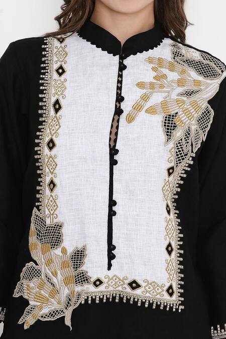 Shop_Bhairavi Jaikishan_Black Linen Embroidery Mandarin Collar Long Kurta _Online_at_Aza_Fashions