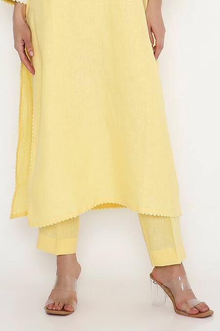 Buy_Bhairavi Jaikishan_Yellow Linen Embroidery Split V-neck Kurta Set _Online_at_Aza_Fashions