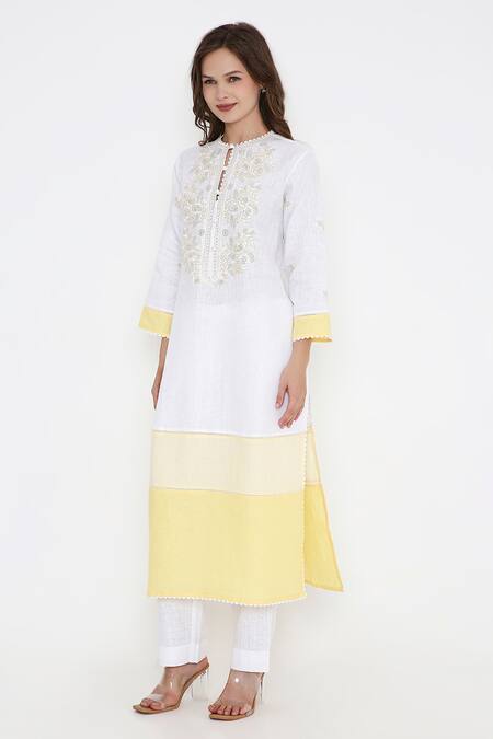 Bhairavi Jaikishan_Yellow Linen Embroidery Round Neck White And Kurta _Online_at_Aza_Fashions