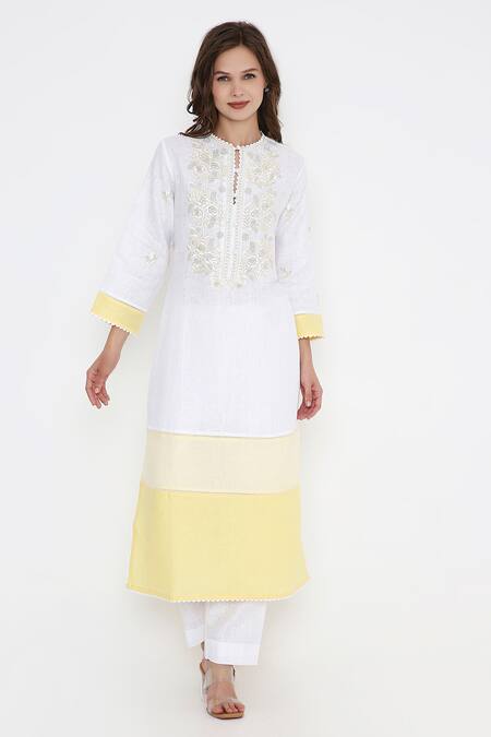Buy_Bhairavi Jaikishan_Yellow Linen Embroidery Round Neck White And Kurta _Online_at_Aza_Fashions
