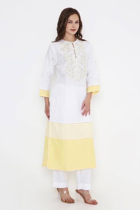 Buy_Bhairavi Jaikishan_White Linen Embroidery Round Neck And Yellow Kurta Set _Online_at_Aza_Fashions