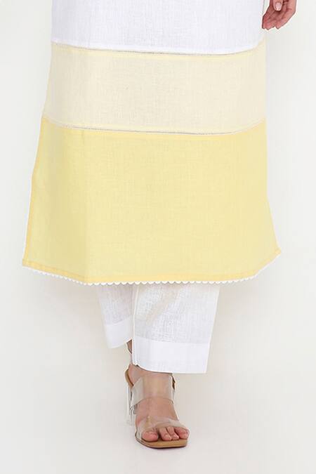 Shop_Bhairavi Jaikishan_White Linen Embroidery Round Neck And Yellow Kurta Set _Online_at_Aza_Fashions