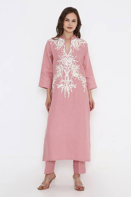 Buy_Bhairavi Jaikishan_Pink Linen Embroidery Split V-neck Kurta _Online_at_Aza_Fashions