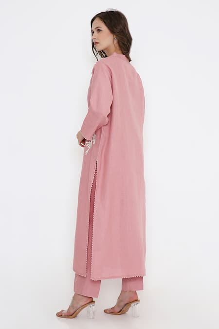 Bhairavi Jaikishan Embroidered Pink Linen Kurta Set 
