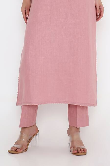 Shop_Bhairavi Jaikishan_Pink Linen Embroidery Split V-neck Kurta Set _Online_at_Aza_Fashions