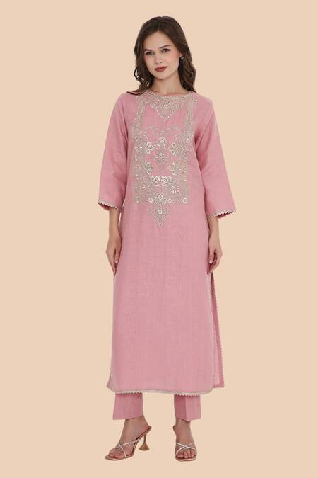 Bhairavi Jaikishan_Pink Linen Embroidery Round Neck Kurta _Online_at_Aza_Fashions