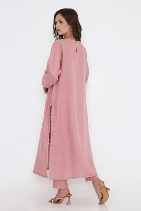 Bhairavi Jaikishan Embroidered Pink Linen Kurta Set 