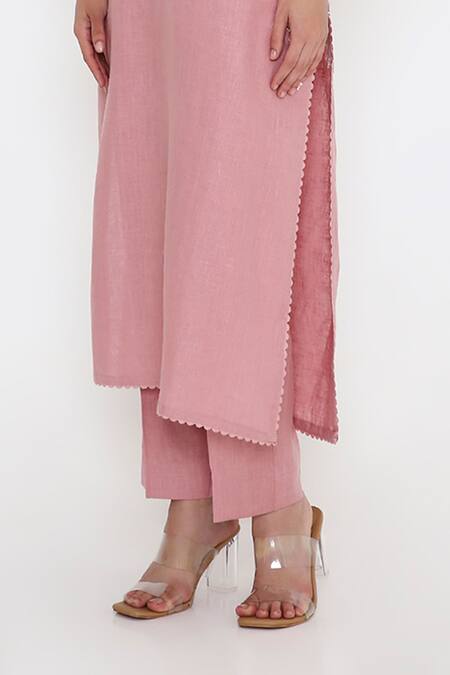 Shop_Bhairavi Jaikishan_Pink Linen Embroidery Split V-neck Kurta Set _Online_at_Aza_Fashions
