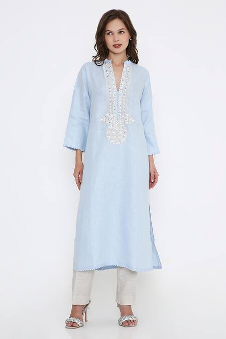 Buy_Bhairavi Jaikishan_Blue Linen Embroidery, Beads Split V-neck Kurta Set _Online_at_Aza_Fashions