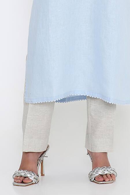 Shop_Bhairavi Jaikishan_Blue Linen Embroidery, Beads Split V-neck Kurta Set _Online_at_Aza_Fashions