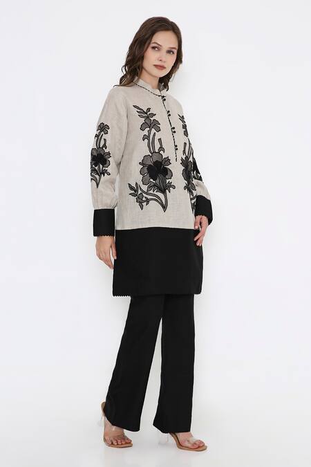 Buy_Bhairavi Jaikishan_Beige Linen Embroidery Mandarin Collar Black And Floral Kurta _Online_at_Aza_Fashions