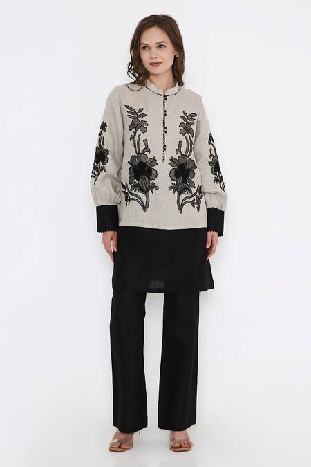 Shop_Bhairavi Jaikishan_Beige Linen Embroidery Mandarin Collar Black And Floral Kurta _Online_at_Aza_Fashions