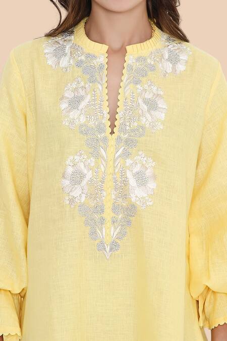 Shop_Bhairavi Jaikishan_Yellow Linen Embroidery Mandarin Collar Kurta _Online_at_Aza_Fashions