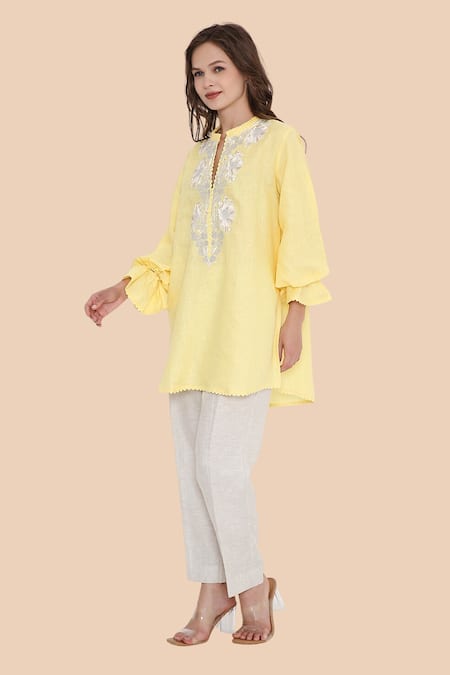 Bhairavi Jaikishan_Yellow Linen Embroidery Mandarin Collar Kurta Set _Online_at_Aza_Fashions
