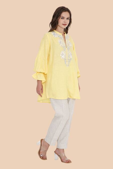 Buy_Bhairavi Jaikishan_Yellow Linen Embroidery Mandarin Collar Kurta Set _Online_at_Aza_Fashions