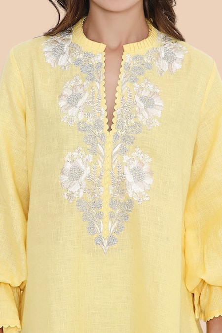 Shop_Bhairavi Jaikishan_Yellow Linen Embroidery Mandarin Collar Kurta Set _Online_at_Aza_Fashions