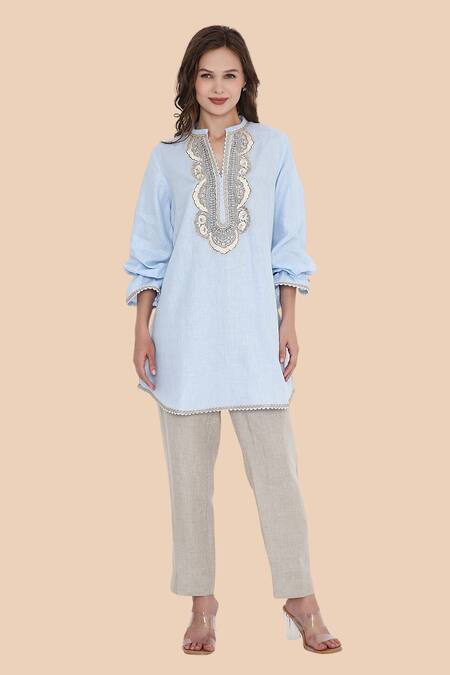 Buy_Bhairavi Jaikishan_Blue Linen Lace, Embroidery Split V-neck Kurta Set _Online_at_Aza_Fashions