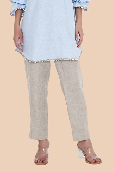 Shop_Bhairavi Jaikishan_Blue Linen Lace, Embroidery Split V-neck Kurta Set _Online_at_Aza_Fashions