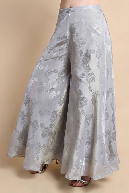 Shop_Bhairavi Jaikishan_Gray Organza, Jacquard, Tissue Embroidery Round Neck Grey Kurta Set _Online_at_Aza_Fashions