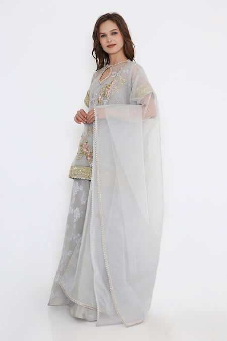 Bhairavi Jaikishan_Blue Organza, Tissue, Jacquard Embroidery Keyhole Neck Kurta Set _Online_at_Aza_Fashions